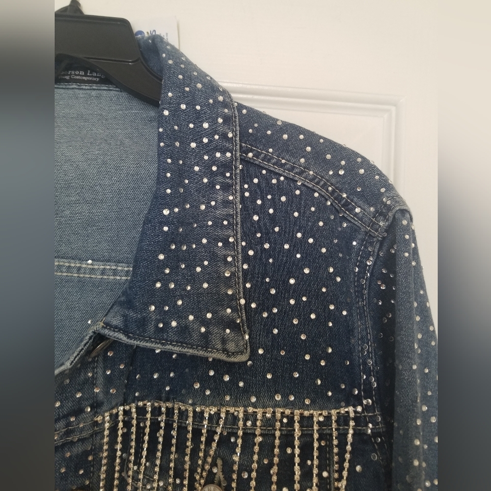 Womens Crop Rhinestone Fringe Jean Denim Jacket Casual Cowgirl Tasel Blinged Out - Picture 4 of 7
